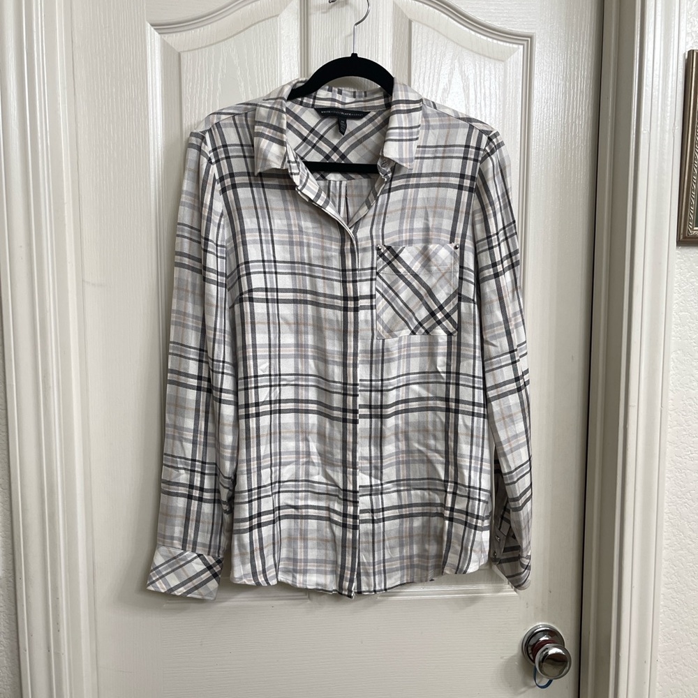White House Black Market Women's Plaid Button Down Shirt - Black, White & Grey
